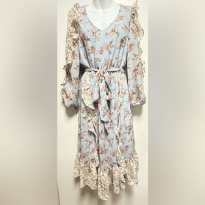 Pink and Blue Ruffled Tiered Sundress with Bishop Sleeves